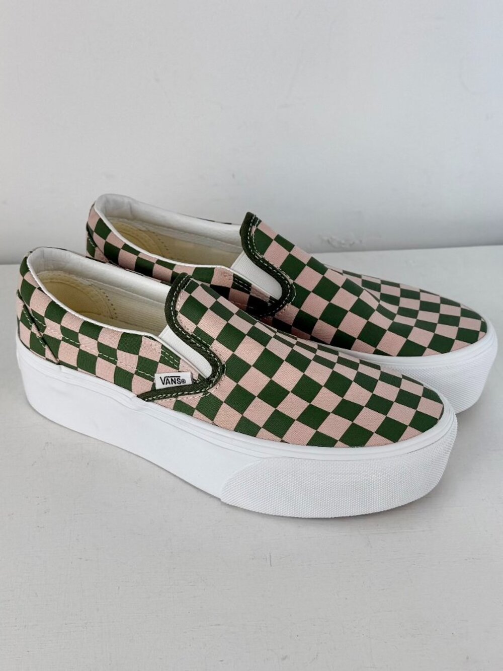 M8.5, W10-Vans Classic Slip-On Platform Checkerboard Shoe-Rose Pink/Forest Green